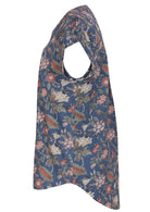 Cotton floral print blouse with ruched shoulder and cap sleeves, lomger at the back