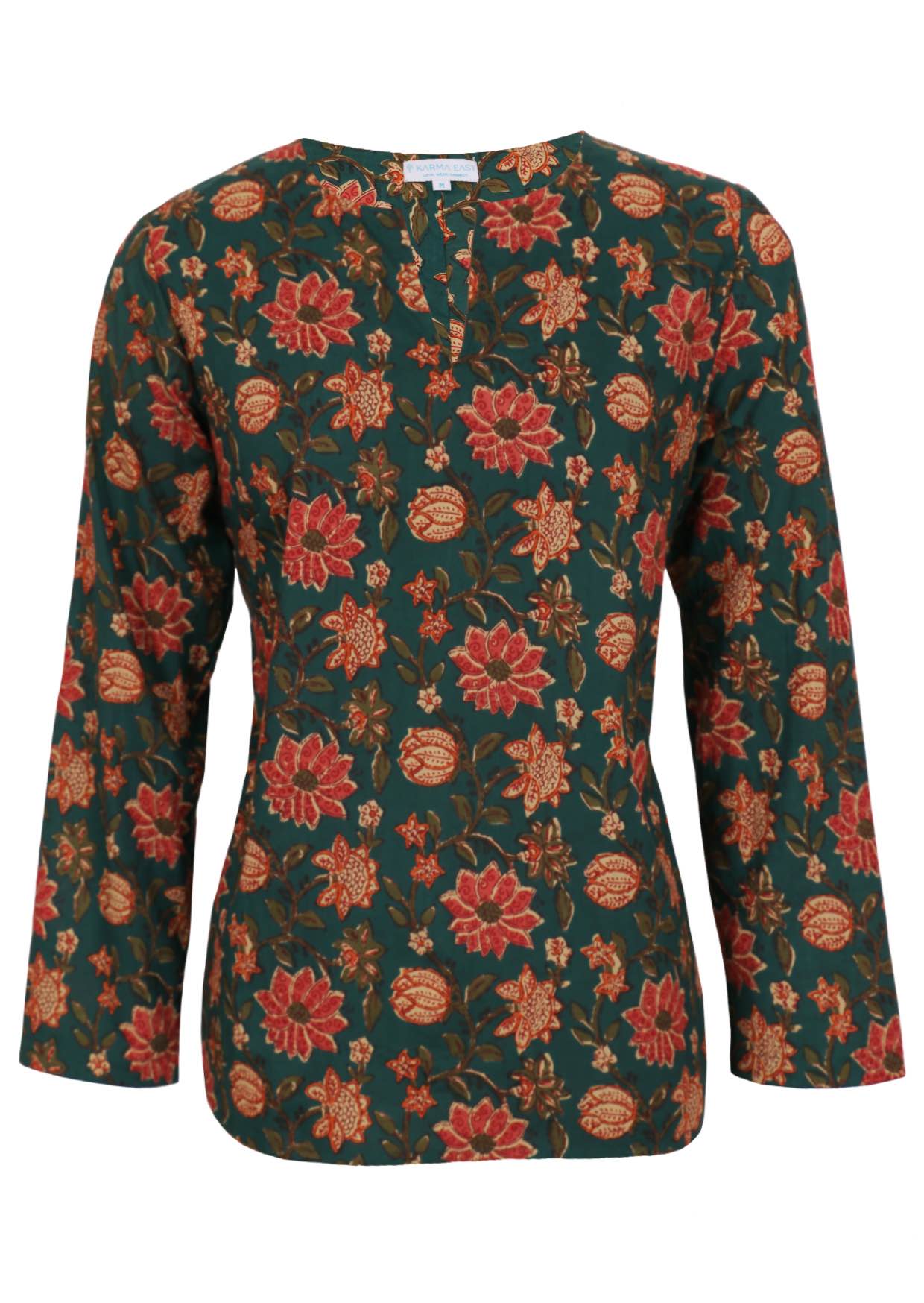 100% cotton floral printed long sleeve top with V cutout neckline.