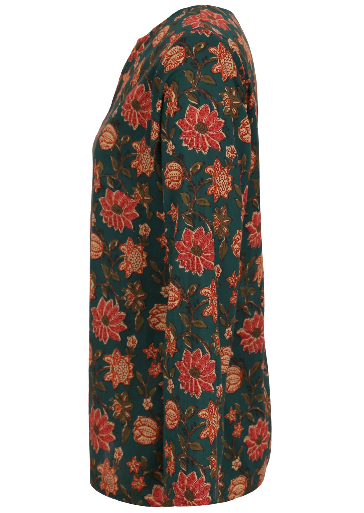 Side image of long sleeve cotton top with red floral print on dark green base.