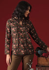 Sophia Blouse Wild Rose black floral cotton women's top worn with tan pants