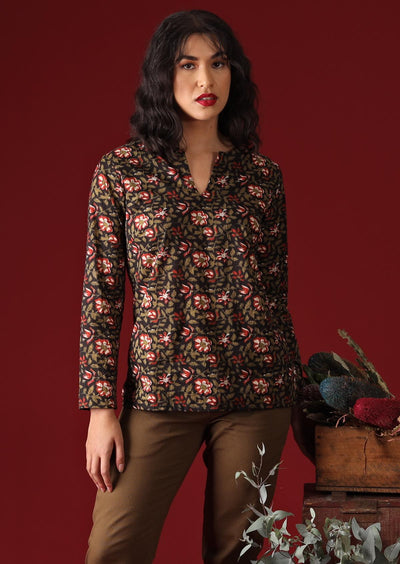 Sophia Blouse Wild Rose black floral cotton women's top