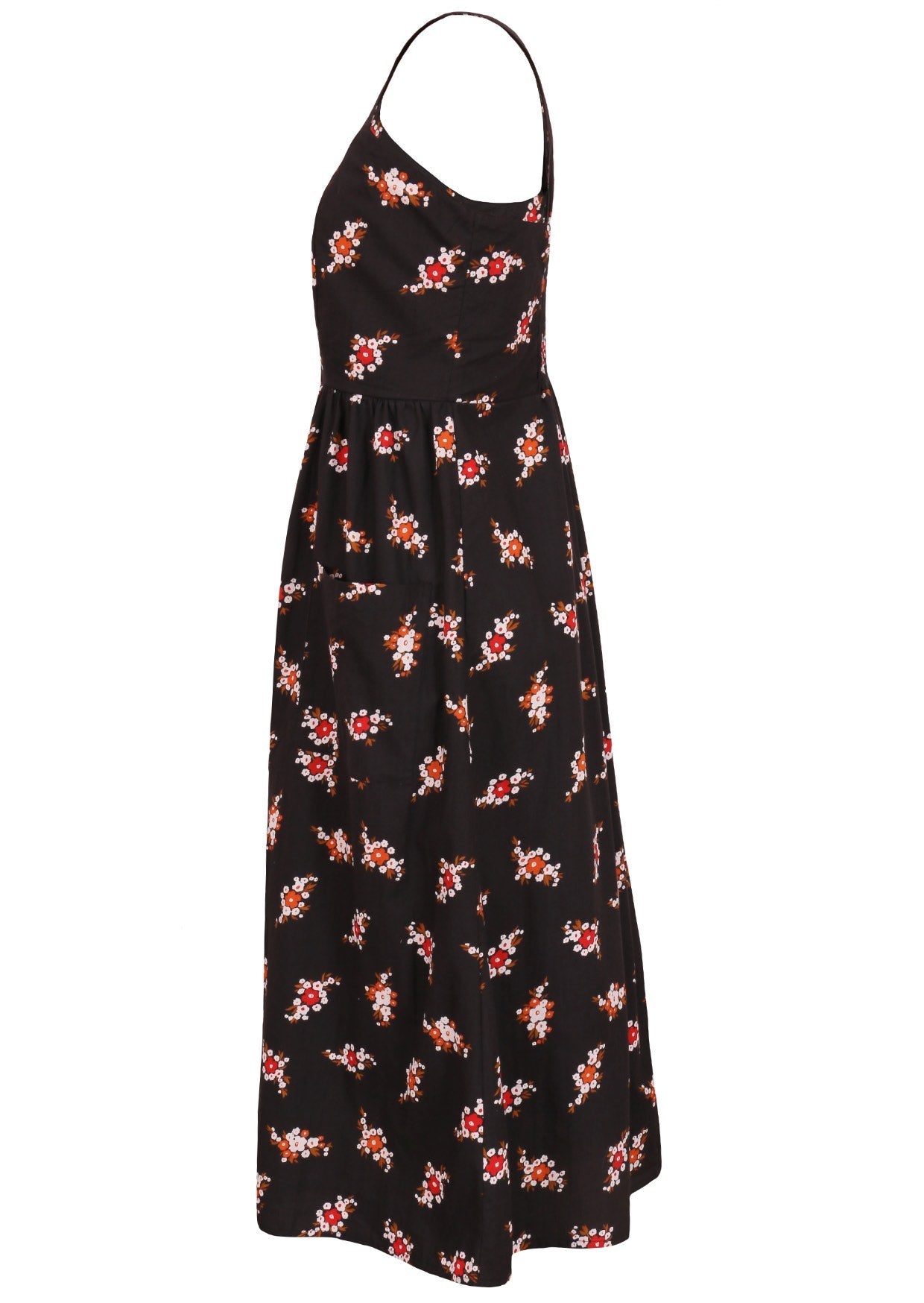 Side view of black based floral sleeveless dress with pockets