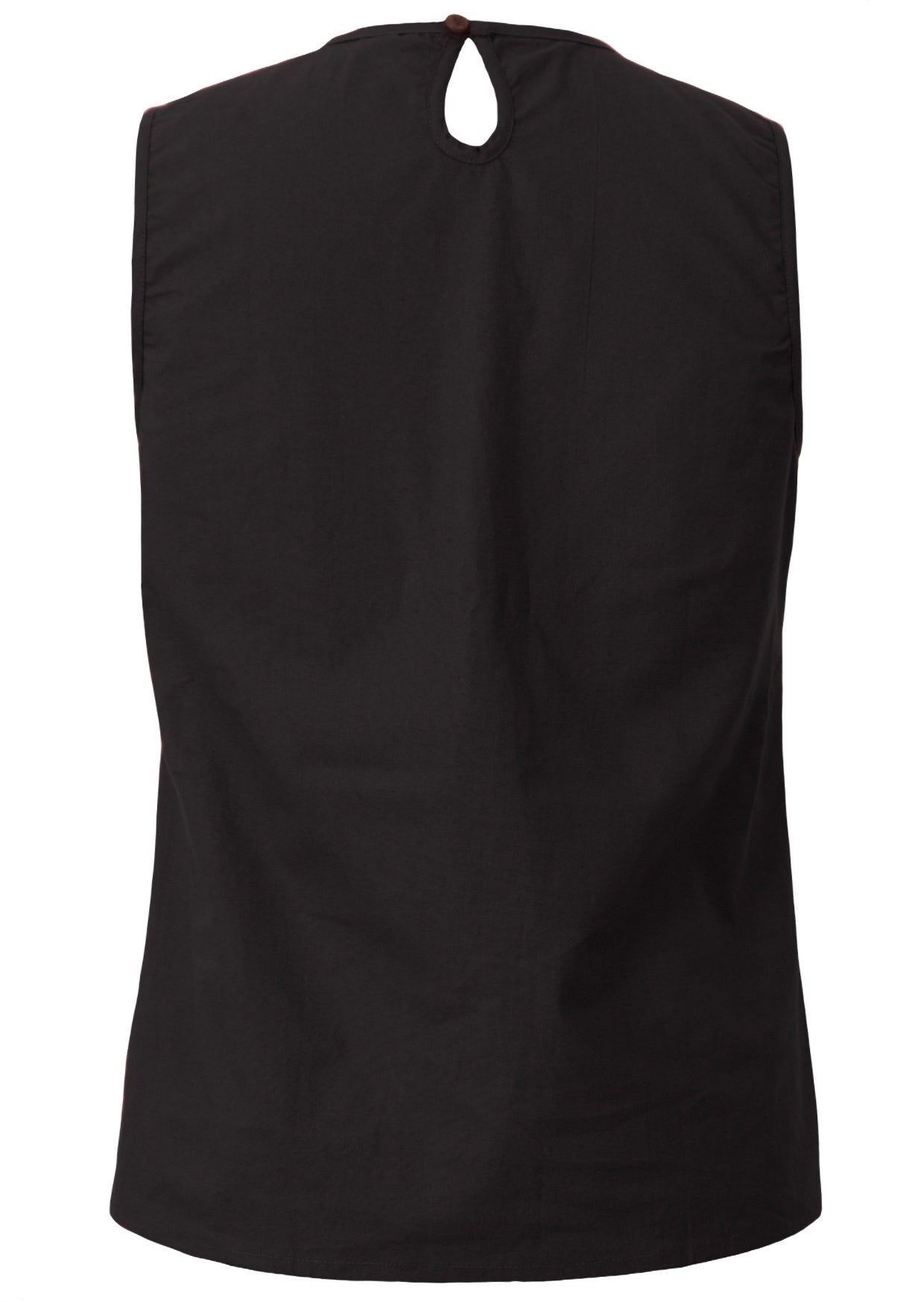 Sleeveless cotton top in plain black with piping details and keyhole button at back of the neck