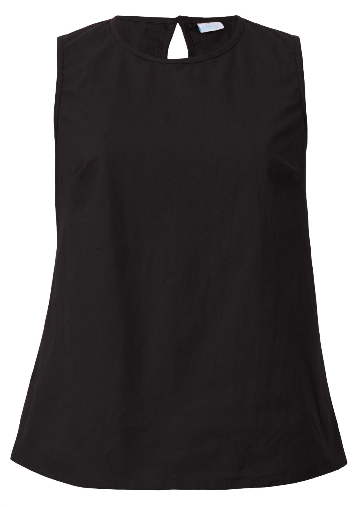 100% cotton relaxed fit sleeveless top in plain black with high round neckline and piping details at armhole and neckline 