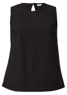 100% cotton relaxed fit sleeveless top in plain black with high round neckline and piping details at armhole and neckline 