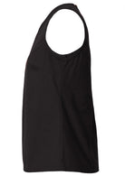 Black sleeveless cotton top with relaxed fit, high round neckline and side bust darts  