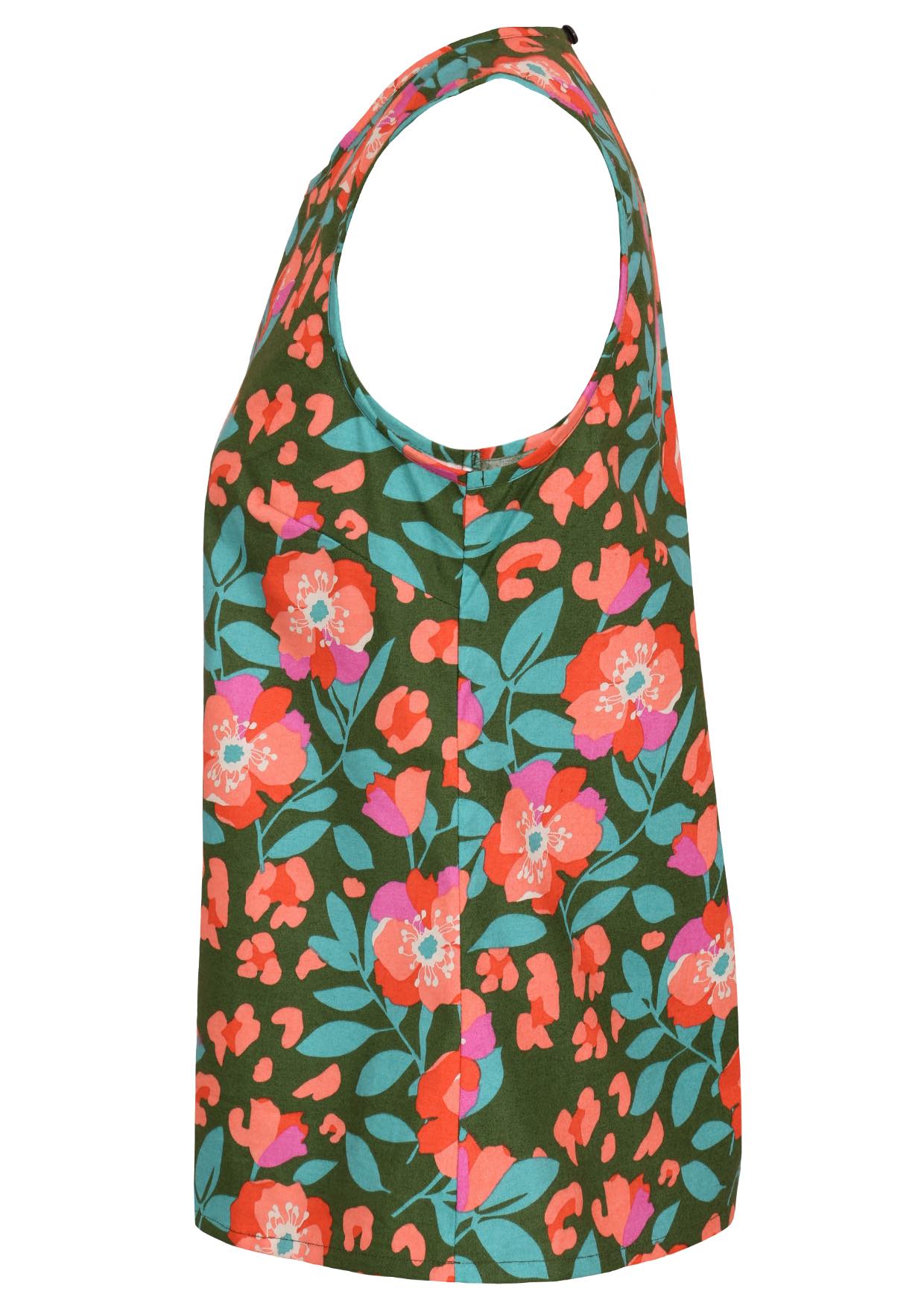 Cotton top with floral print in olive green base