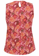 Sleeveless cotton top with Japanese-style print in pink, maroon, brown, peach, and khaki tones.
