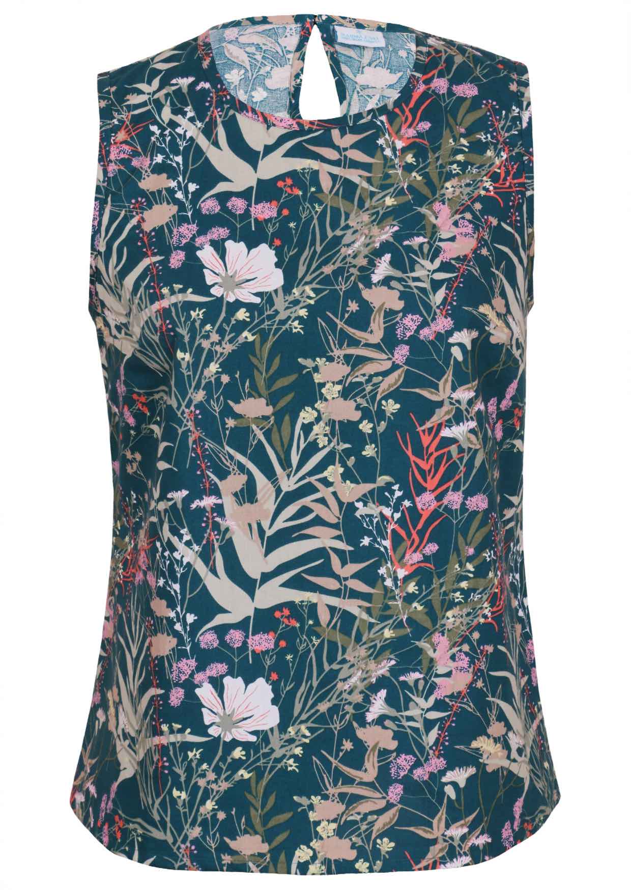 Sleeveless cotton top with wildflower florals in greens, beige, white, pink, lemon yellow and coral on a teal base.