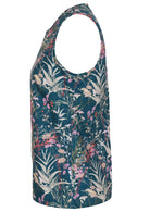 Side view of sleeveless hip length cotton top with a teal based floral print