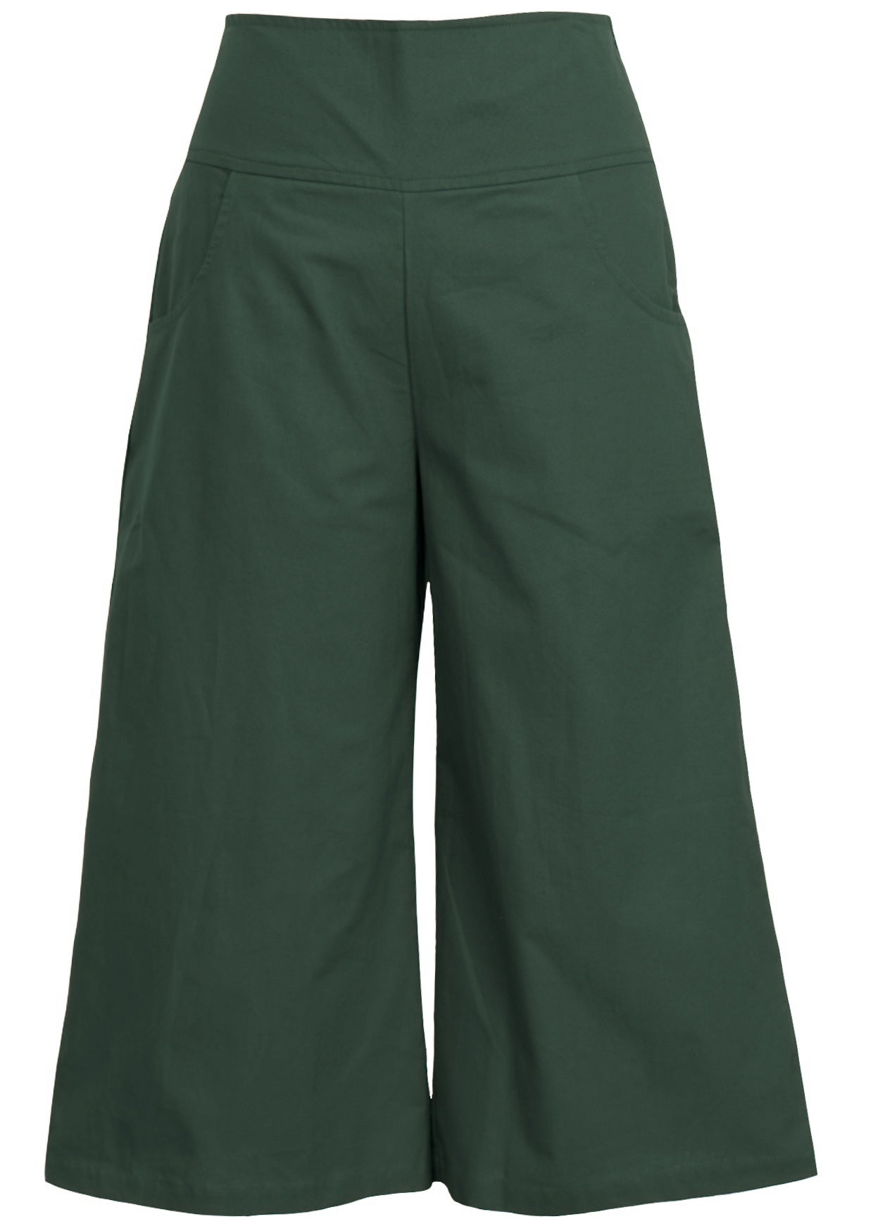 100% Cotton jungle green wide leg pants with 3/4 length, wide waistband and pockets.