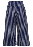 100% cotton wide leg 3/4 length pants with wide flat waistband, side zipper and pockets