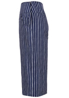 Side view of navy blue print wide leg cotton pants with 3/4 length, pockets and side zipper