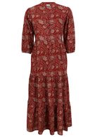 100% cotton, red based tiered maxi dress with buttoned bodice and mandarin collar 