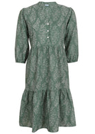 100% cotton relaxed fit, two tiered midi dress in sage green based floral print.