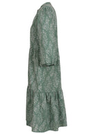 Lightweight cotton green based floral relaxed fit dress with 3/4 sleeves and hidden side pockets.