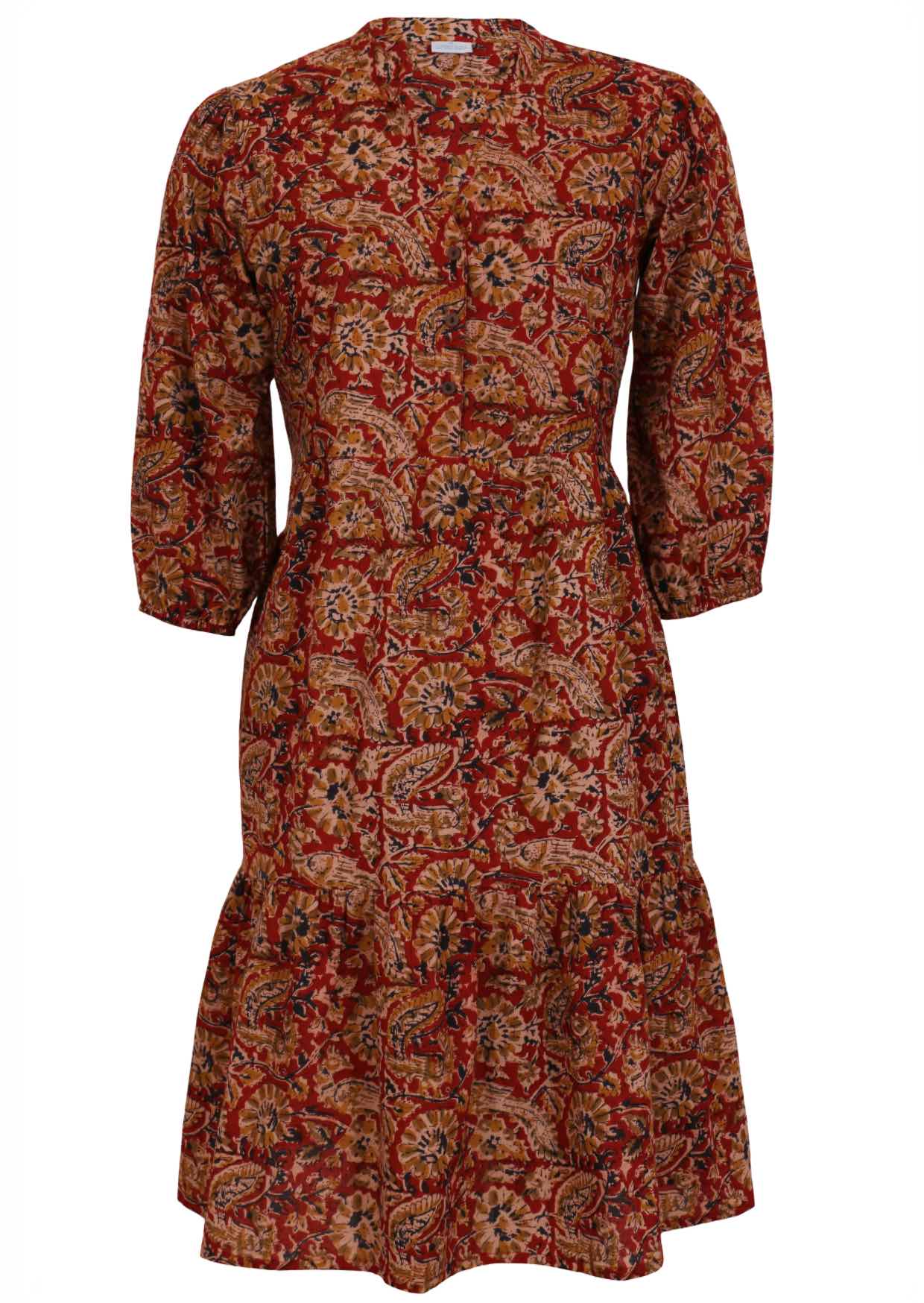 100% cotton relaxed fit, two tiered midi dress in red  based floral print.