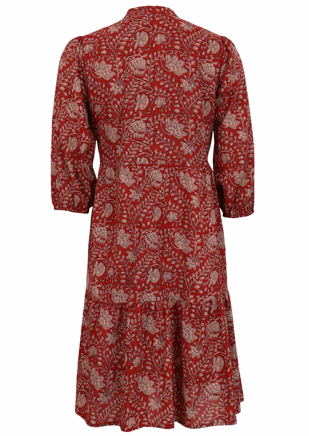 Loose fit cotton midi dress with mandarin collar, 3/4 sleeves and pockets.