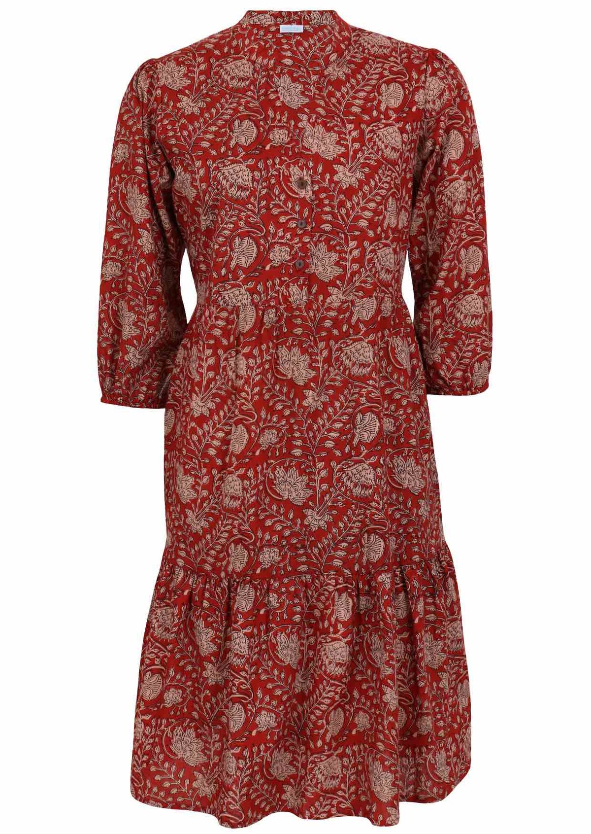 100% cotton relaxed fit, two tiered midi dress in red based floral print.
