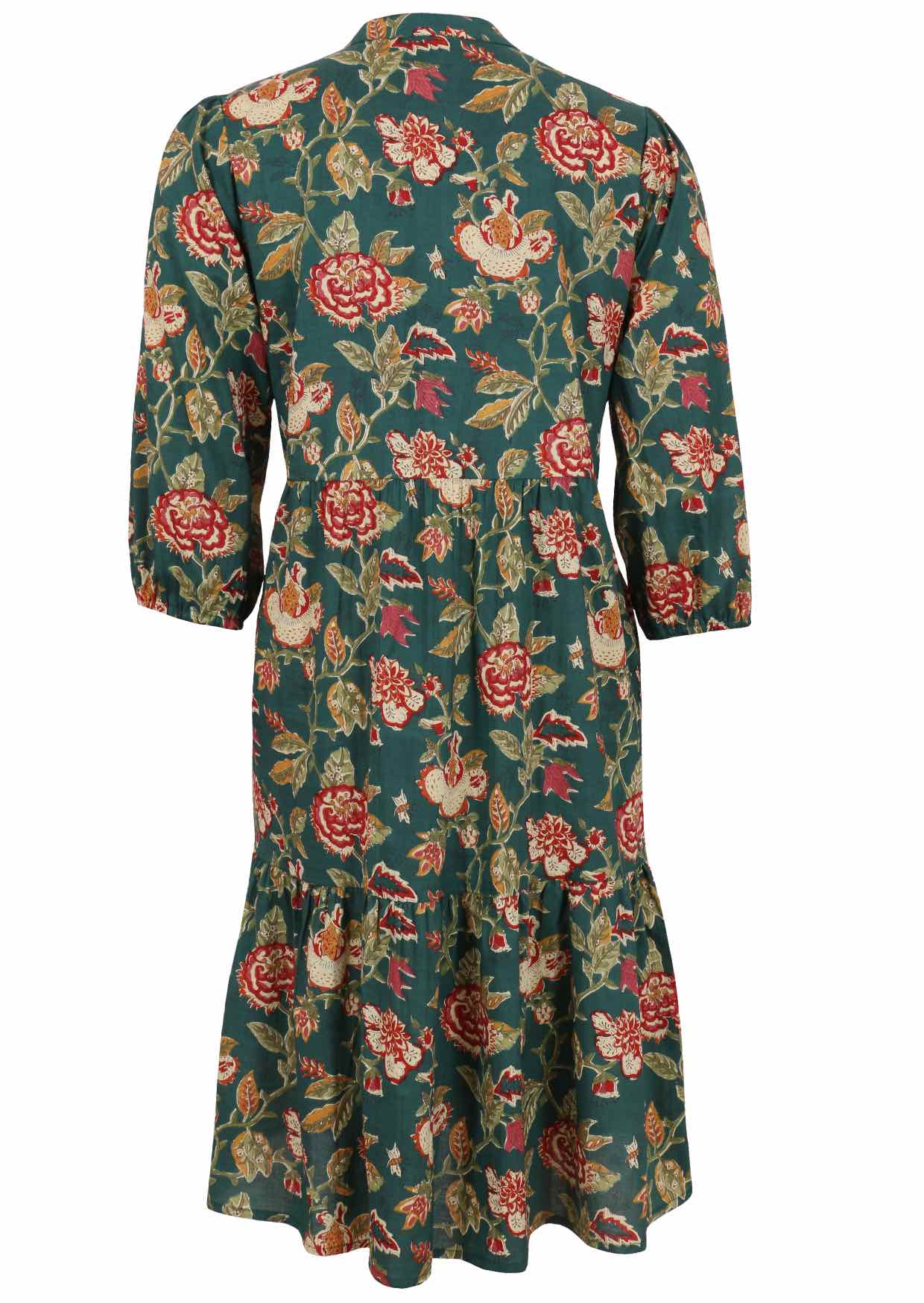Loose fit cotton midi dress with mandarin collar, 3/4 sleeves and pockets.