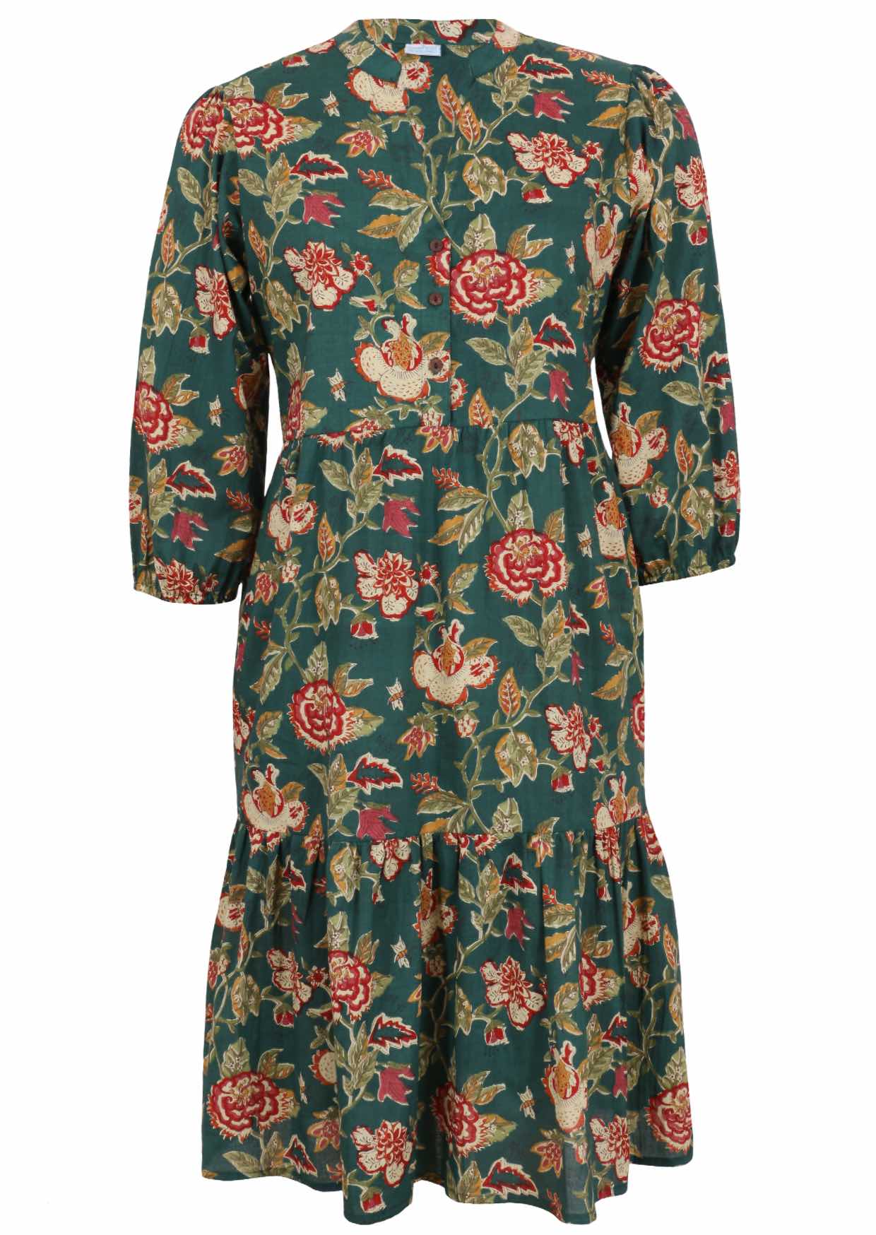 100% cotton relaxed fit, two tiered midi dress in green based floral print.