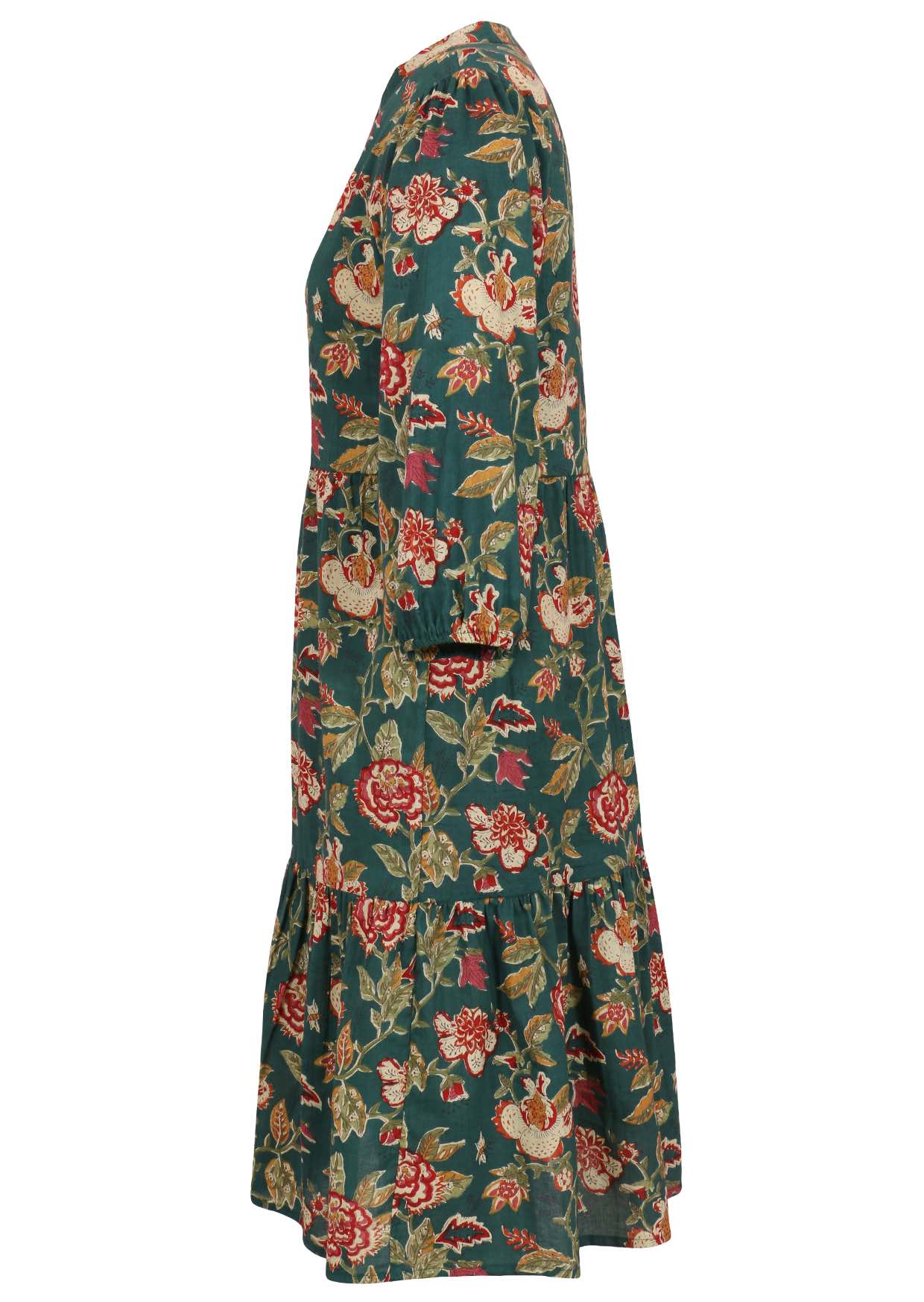 Lightweight cotton green based floral relaxed fit dress with 3/4 sleeves and hidden side pockets.