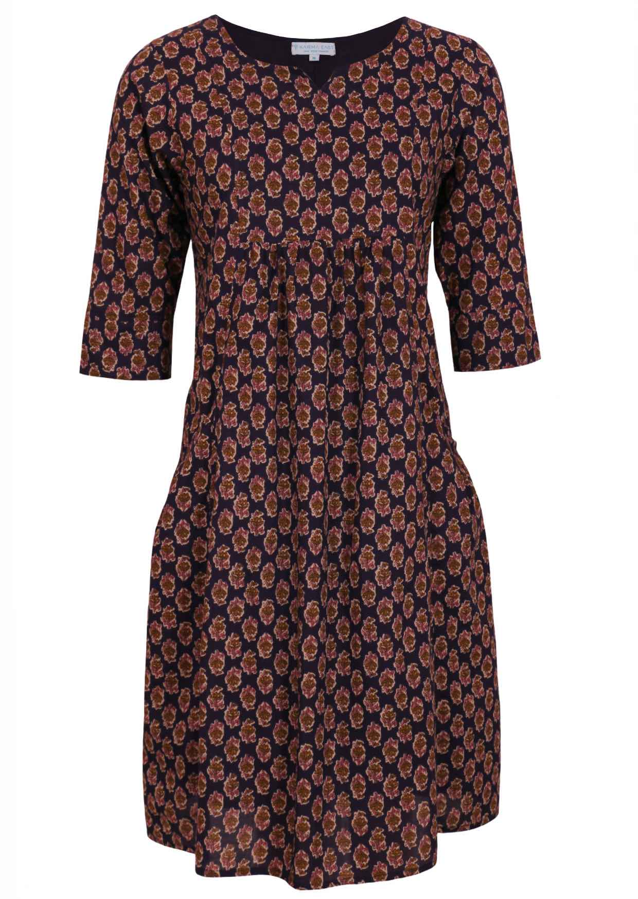 100% cotton relaxed fit, fully lined dress in purple based floral print.