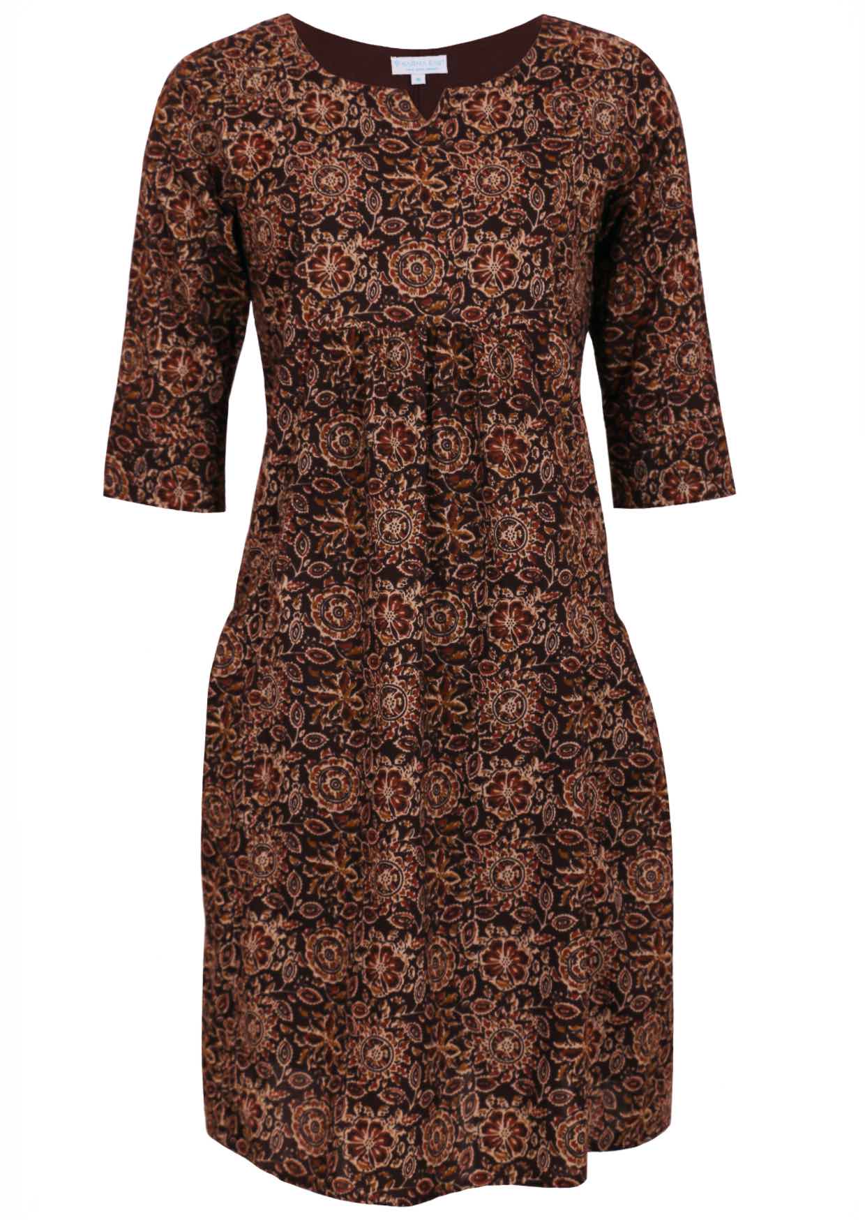 Fully lined, 100% cotton dress in earthy toned, cream floral print on dark brown base.