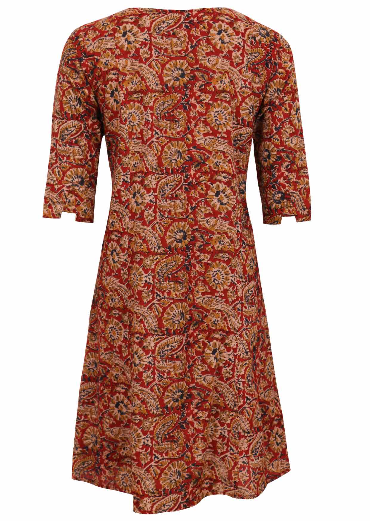 Back image of a relaxed fit cotton dress with cuffed, designer 3/4 sleeves and  pockets 