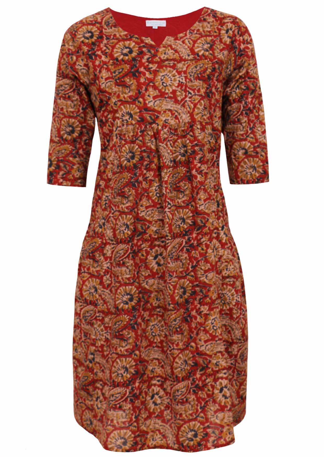 lightweight cotton knee length dress with round neckline, 3/4 sleeves, pockets and lining.