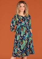 Tilda Dress Peacock 100% cotton blue green peacock print knee length keyhole neckline 3/4 sleeve dress with pockets | Karma East Australia