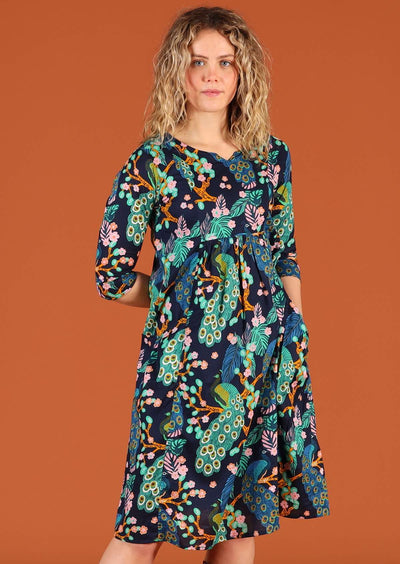 Tilda Dress Peacock 100% cotton blue green peacock print knee length keyhole neckline 3/4 sleeve dress with pockets | Karma East Australia