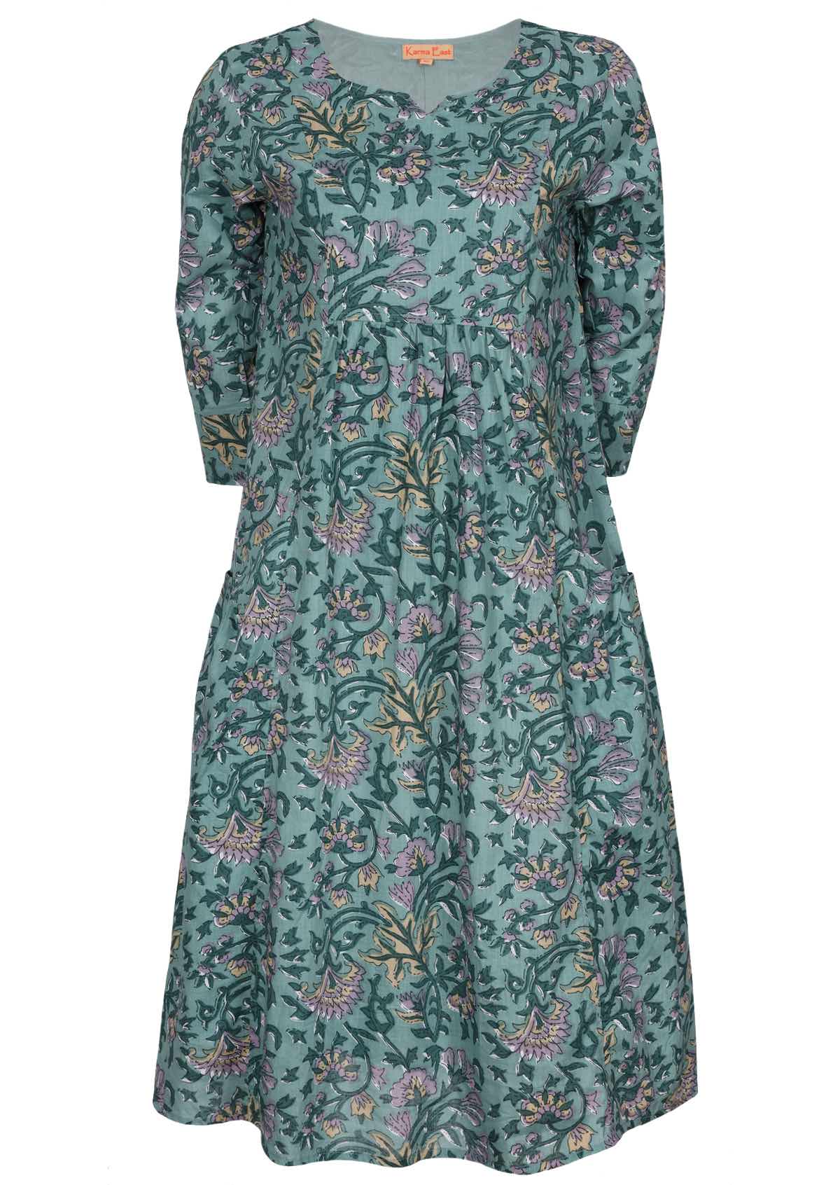 100% cotton relaxed fit dress in green floral print with lining