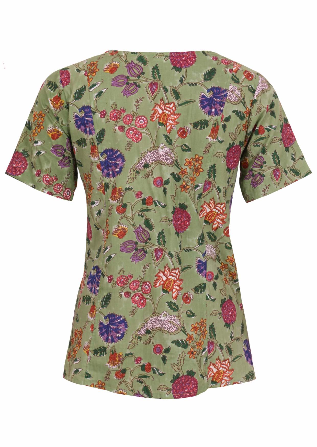 Green base with multi-coloured folk art style floral print cotton top with short sleeves.