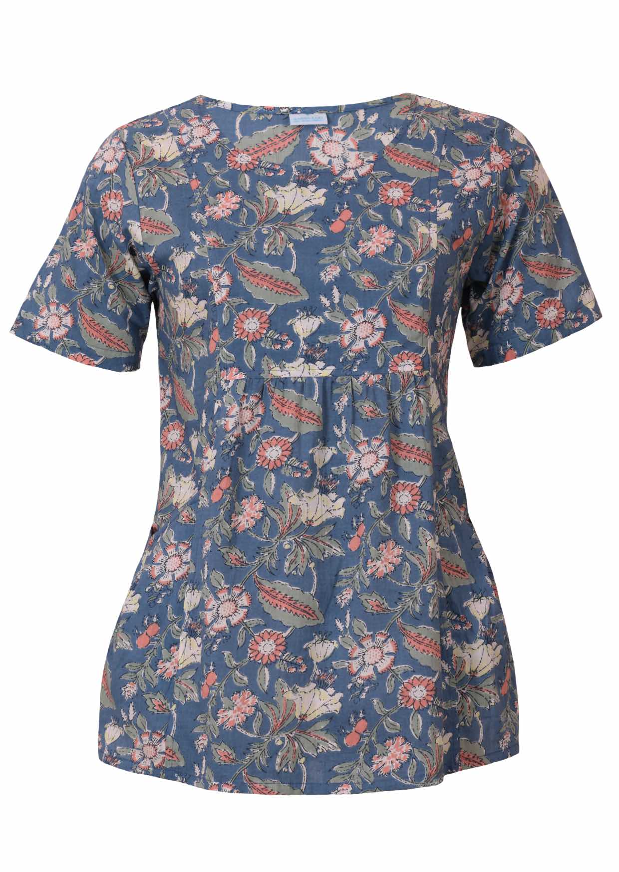 Relaxed fit 100% cotton top in dusty blue based floral print with short sleeves, pockets and gathers under the bust
