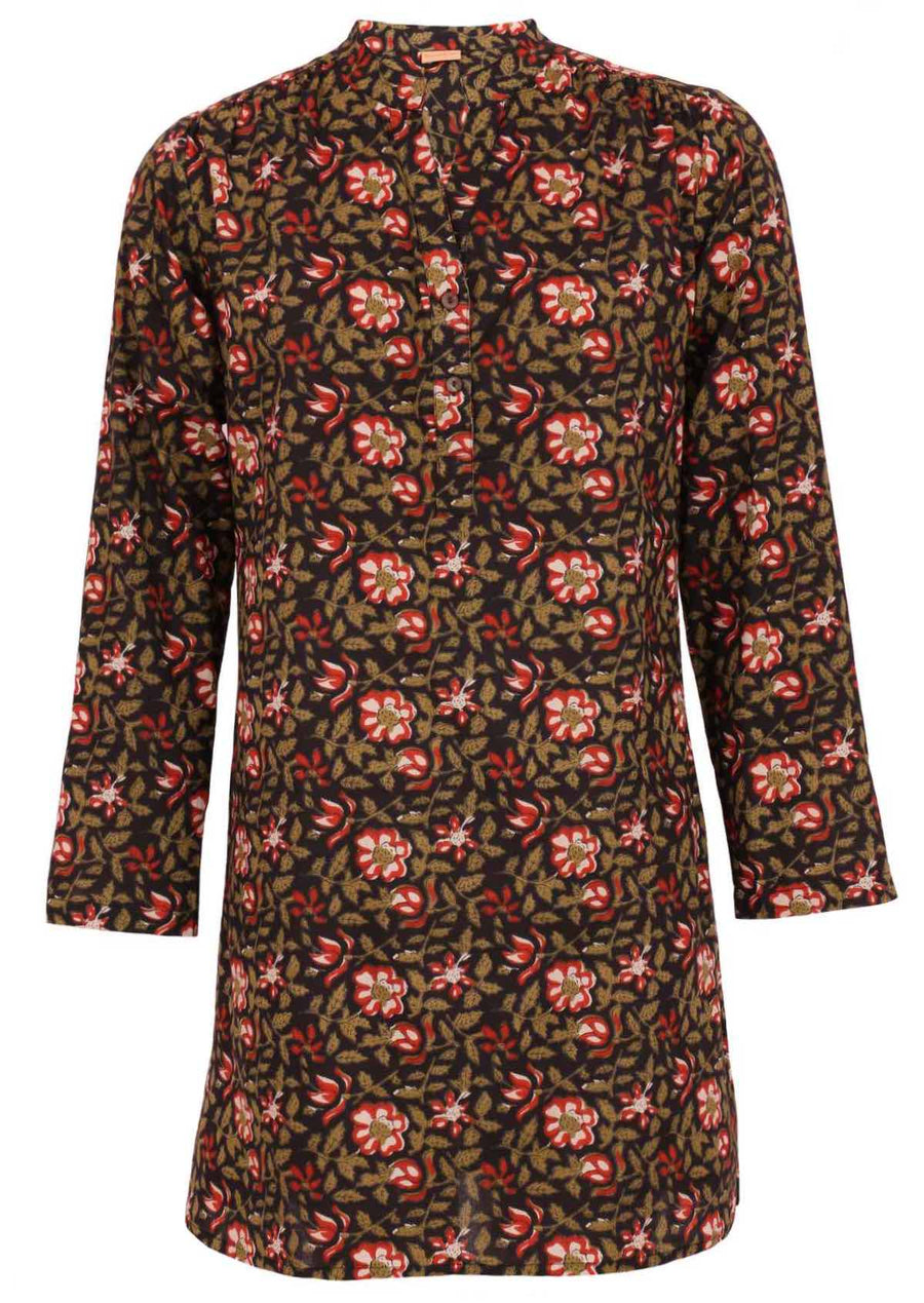 Torvi Tunic Wild Rose lightweight 100% cotton shirt dress with mandarin collar and buttons | Karma East Australia