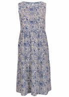 white based blue floral print cotton dress on a white background.