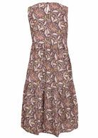 Light brown floral print sleeveless cotton dress with round neckline, tiered skirt and pockets 