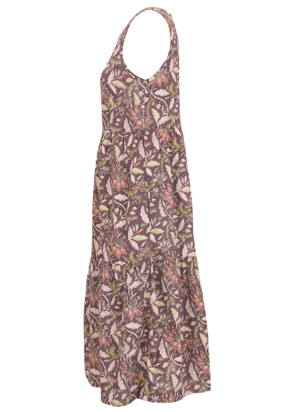 100% cotton midi length sundress with pockets, two tiered skirt and high round neckline 