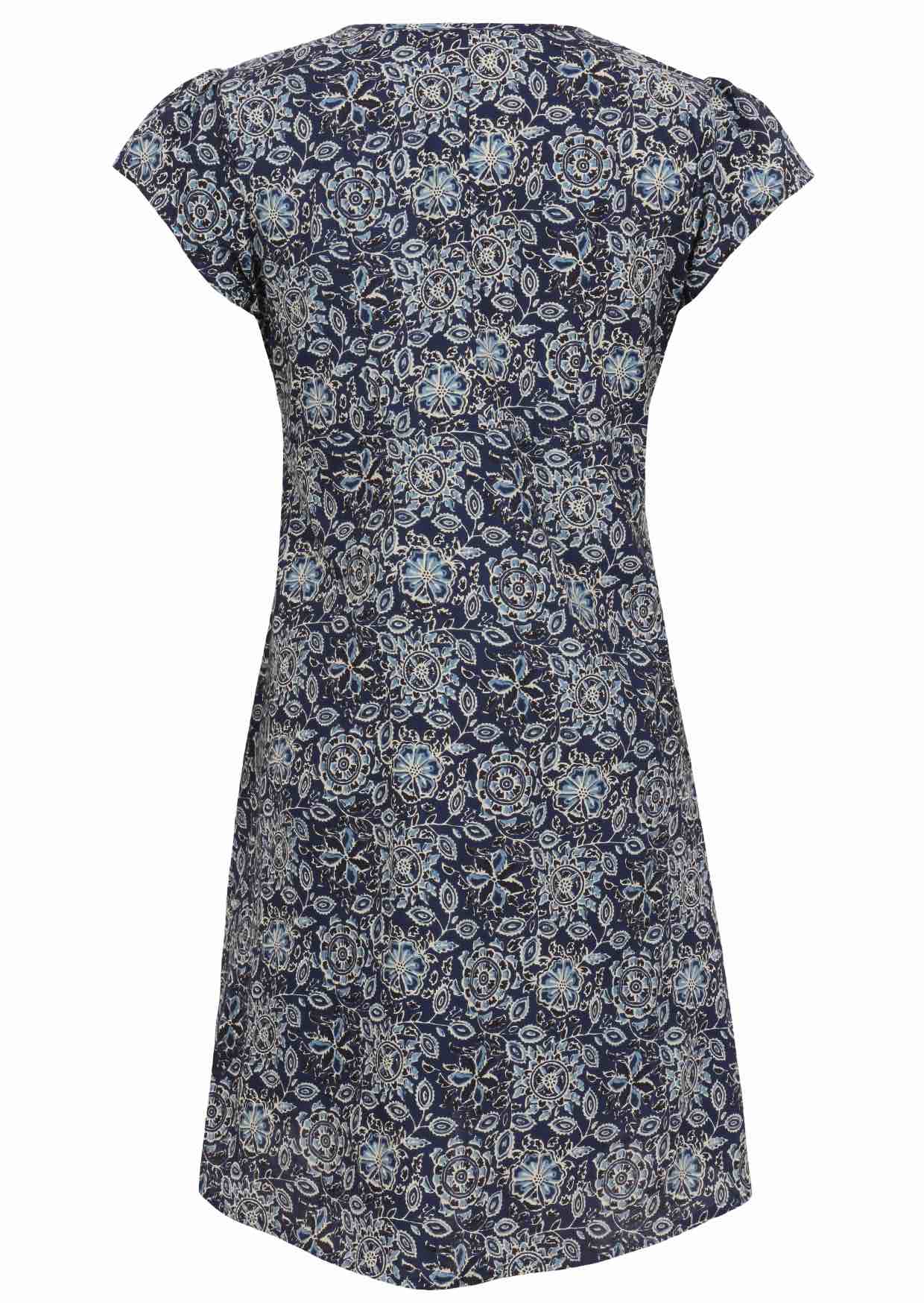 Back mannequin photo of cotton above knee dress in navy blue based floral print. 