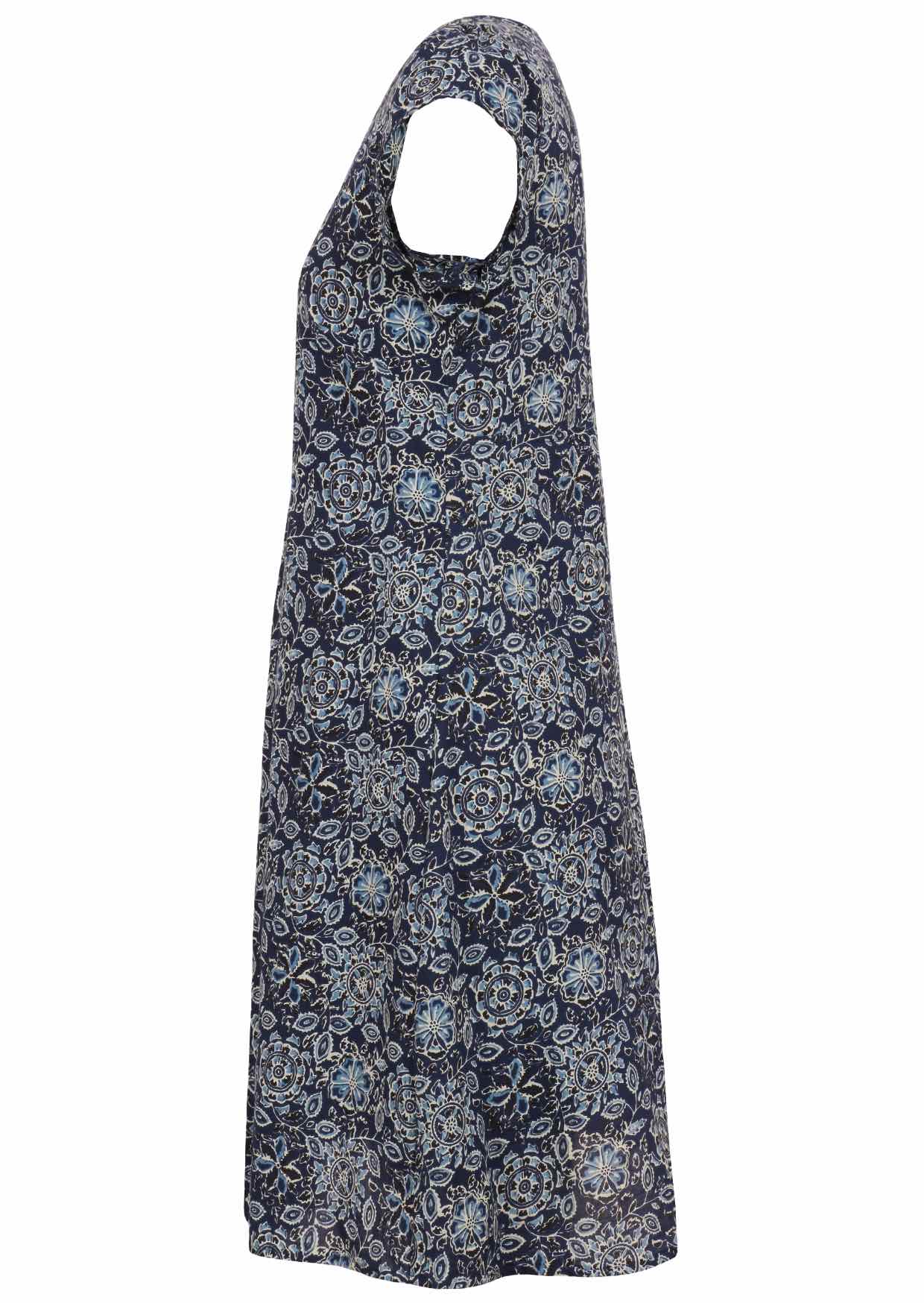 Side mannequin photo of cotton above knee dress with cap sleeves. 
