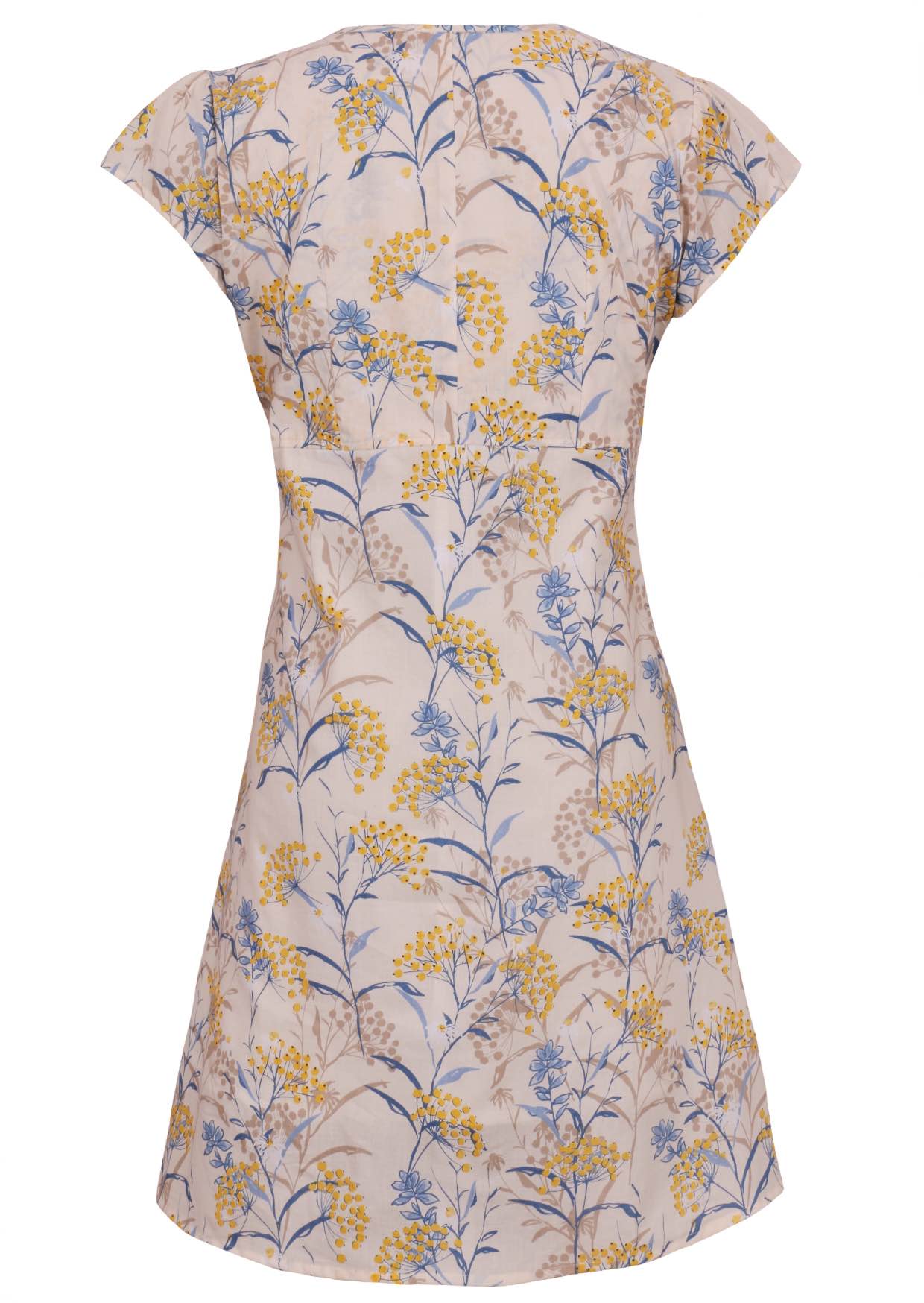 Back mannequin photo of cotton above knee dress in neutral based floral print. 