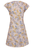 Back mannequin photo of cotton above knee dress in neutral based floral print. 