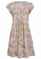 Front mannequin photo of cotton above knee dress in neutral based floral print.