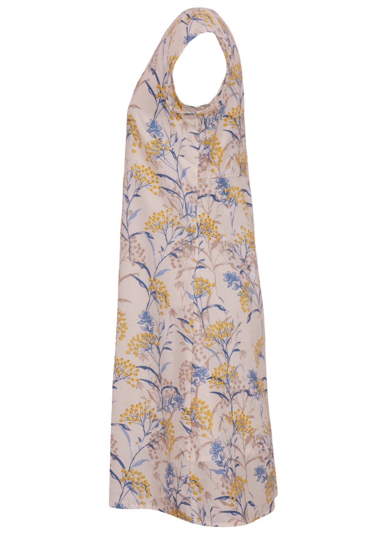 Side mannequin photo of cotton above knee dress with cap sleeves. 