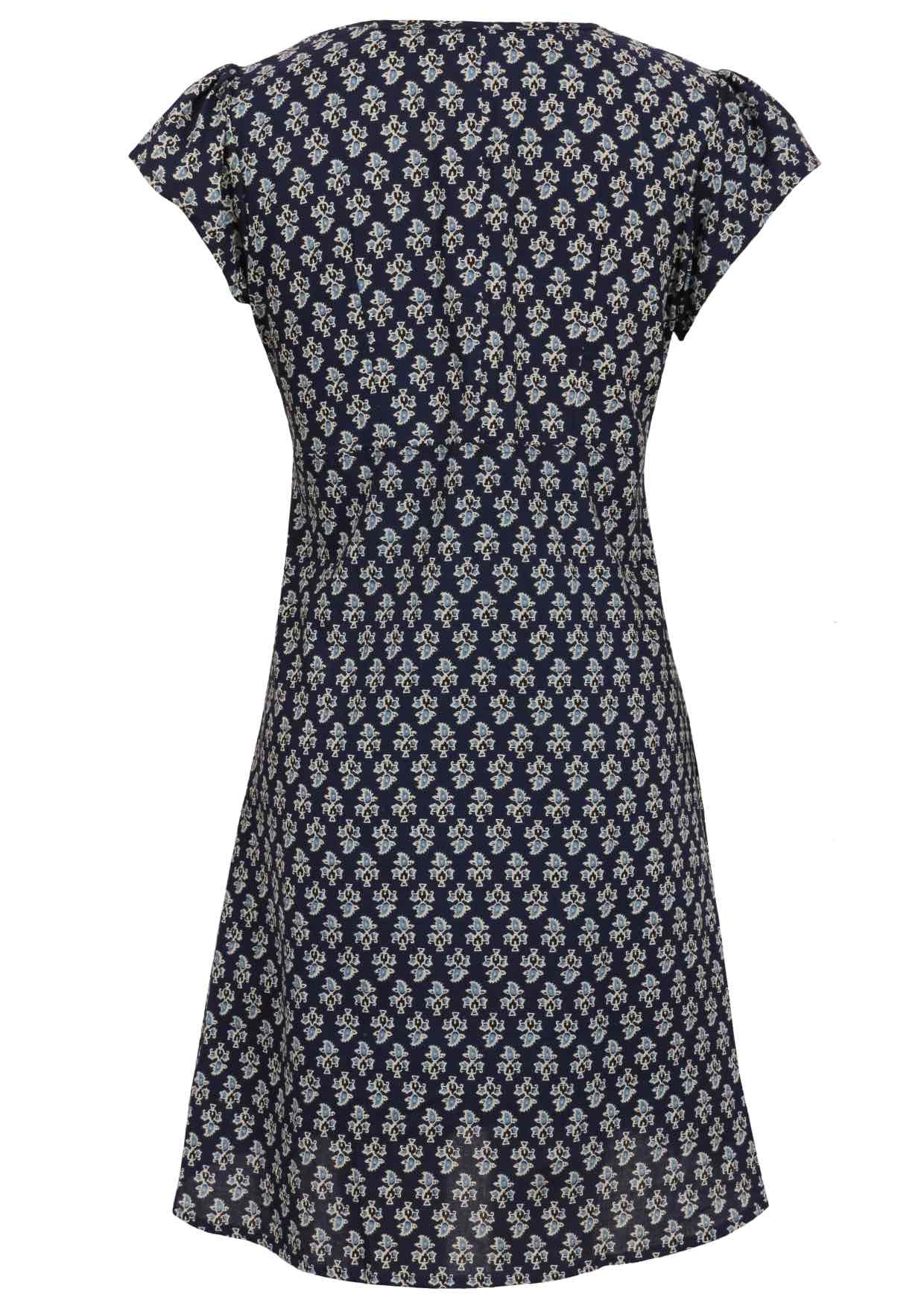 Navy blue cotton dress with small white and blue floral print, cap sleeves and round neckline