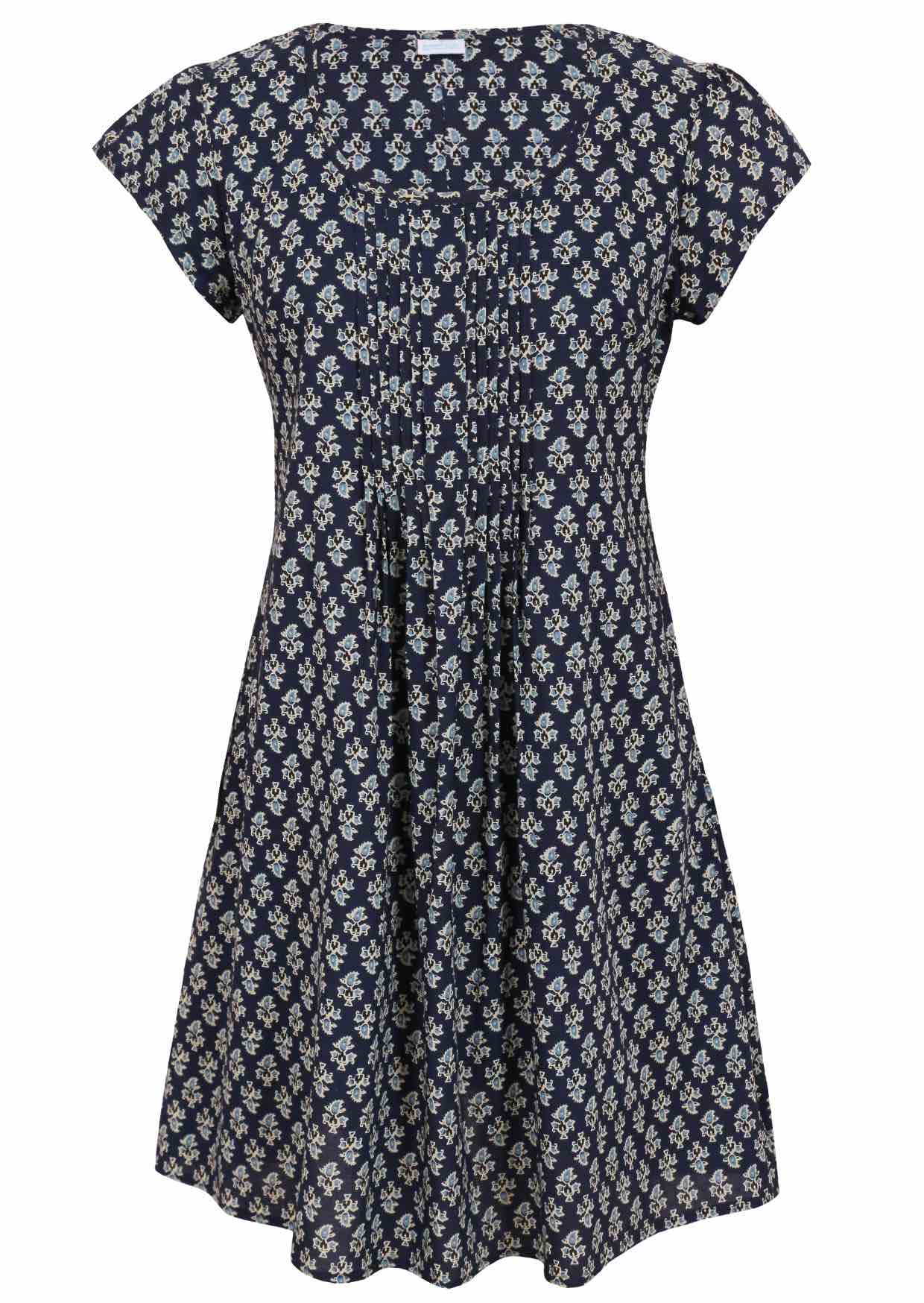 Navy blue cotton dress with tiny pleats beneath the round neckline, cap sleeves, fitted bodice and A-line skirt shape