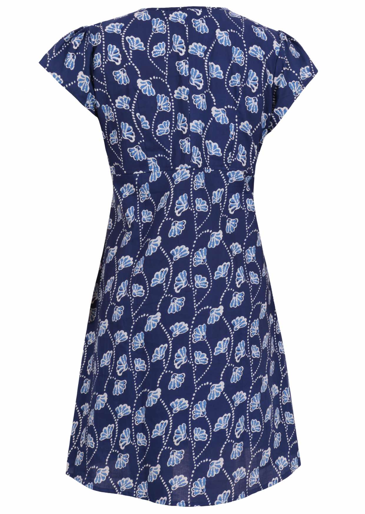 Back mannequin photo of cotton above knee dress in navy blue based floral print. 