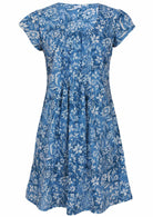 Blue cotton floral print dress with pin tucks across the centre of the bodice and cap sleeves