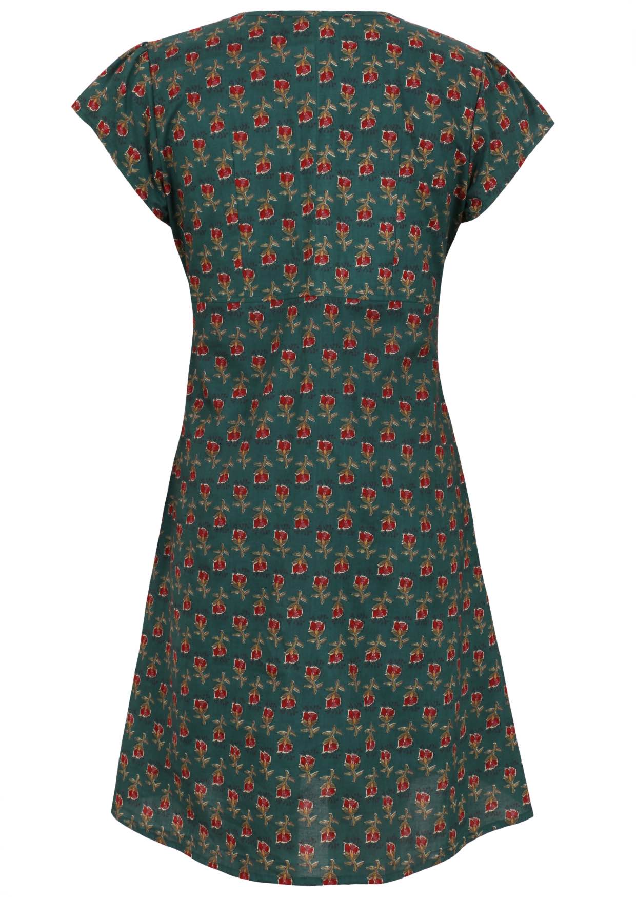 Back mannequin photo of cotton above knee dress in bottle green based floral print. 